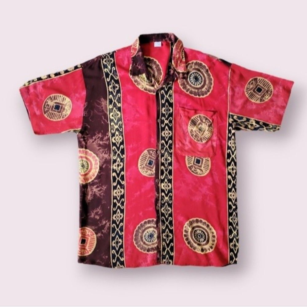 BALI KAHAYU Red Batik Color block Shirt L Button Down Abstract Cotton Hawaiian